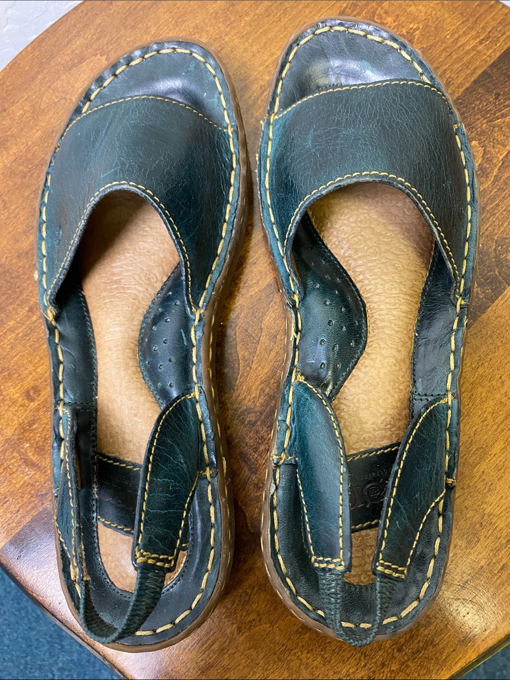 Born Dark Green Leather Slingback Sandals with Yellow Stitching